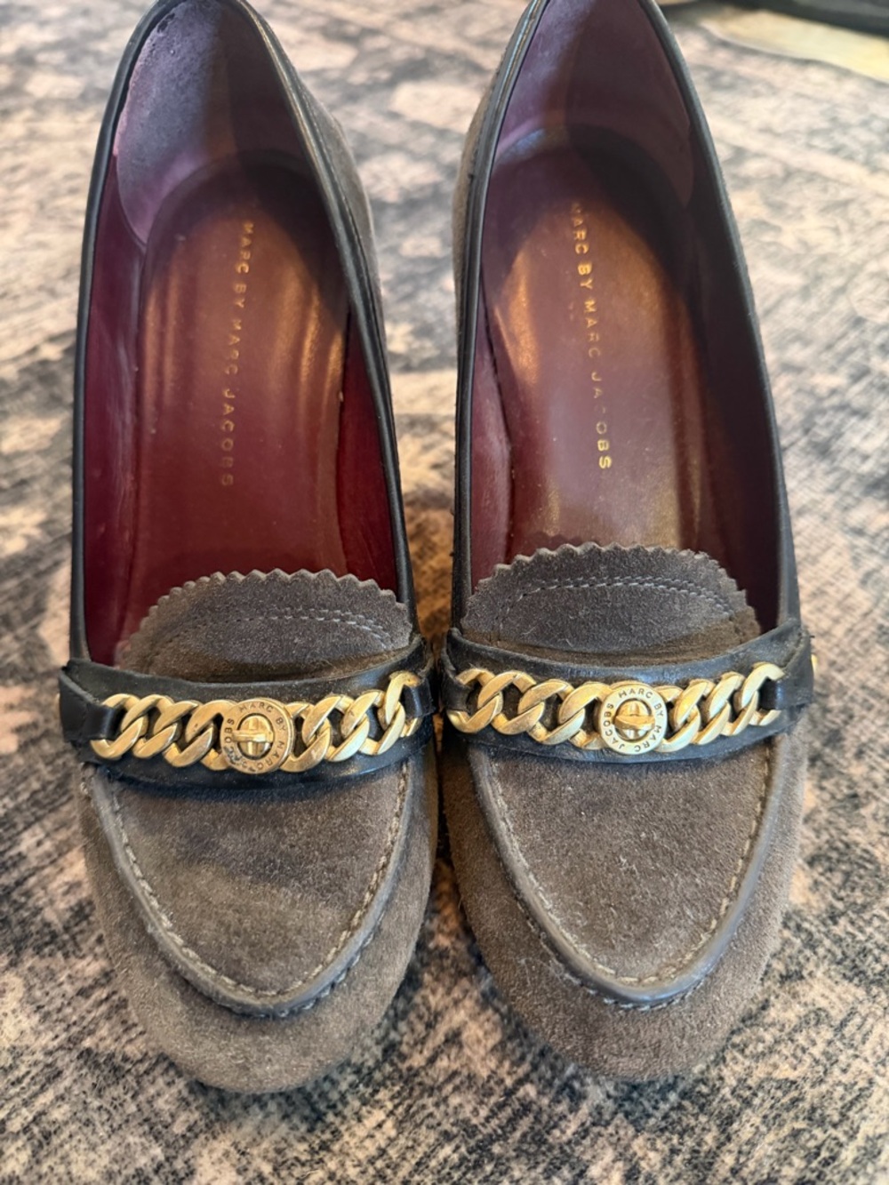 Marc by Marc Jacobs Gray Suede wedge Loafers with Gold Chain Trim